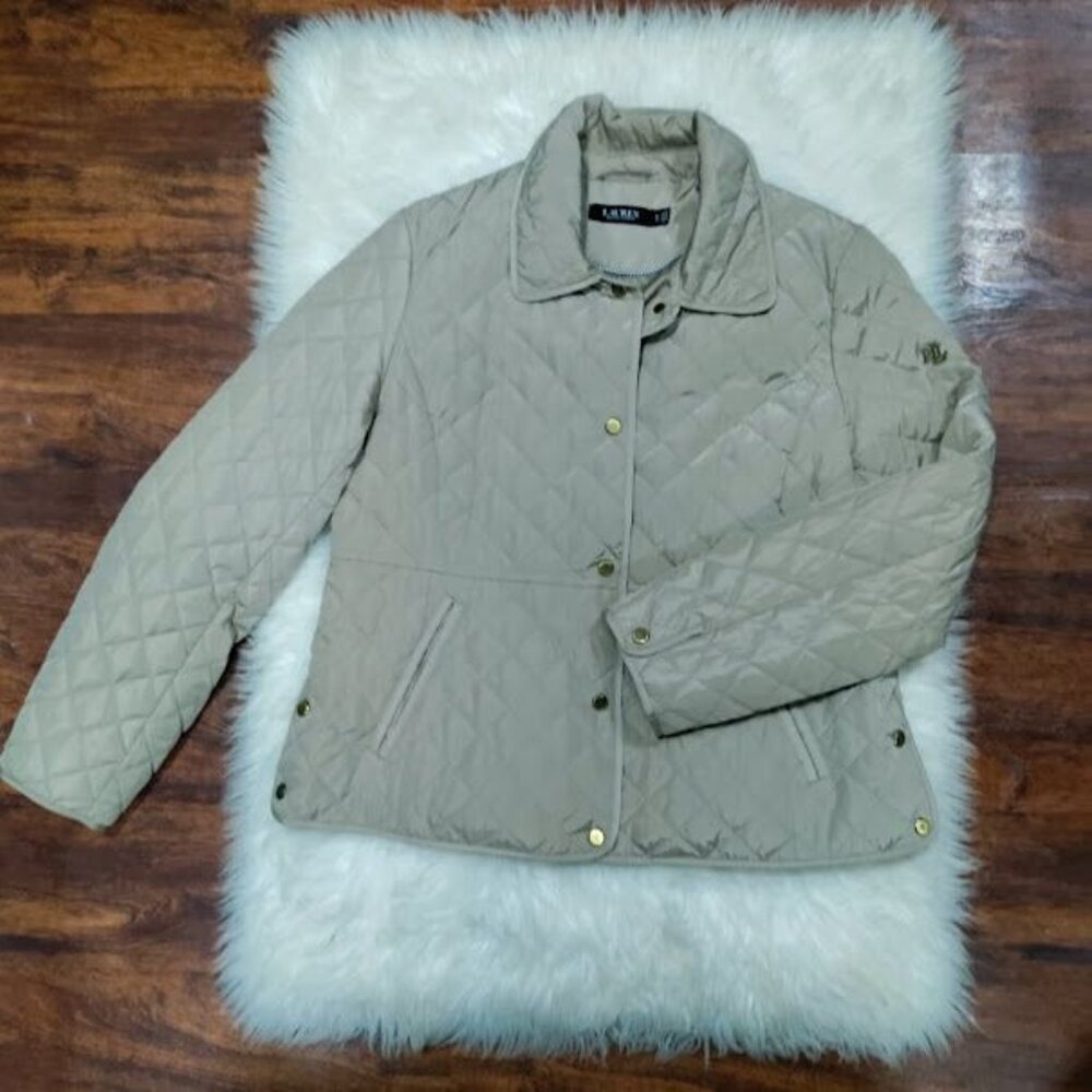 Lauren Ralph Lauren Women Petite Large Snap Button Collared Quilted Jacket Beige - Picture 2 of 9